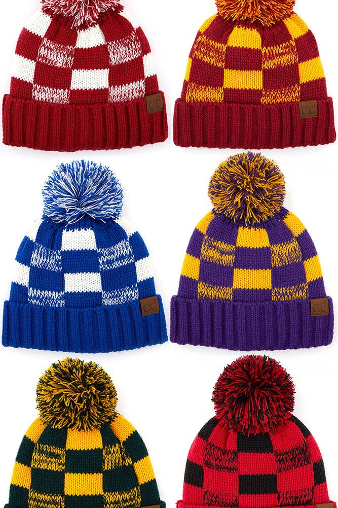 C.C Buffalo Check Team Color Beanie with Pom Winter Beanie: Maroon/Gold