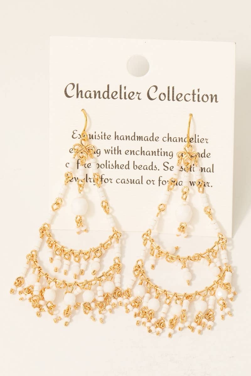 Tiered Beaded Chandelier Dangle Earrings: White