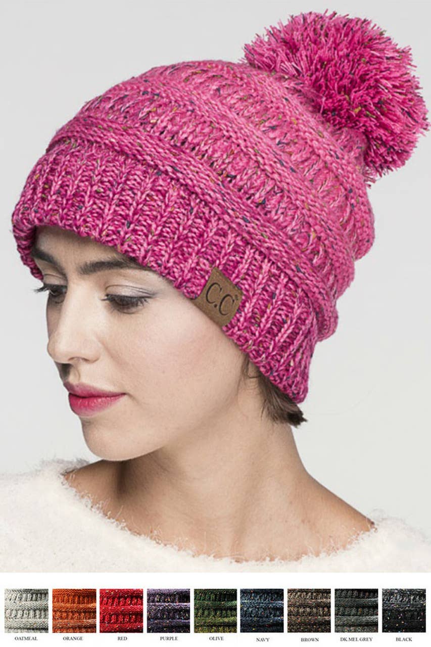 C.C Confetti Knit Beanie With Pom: Oatmeal