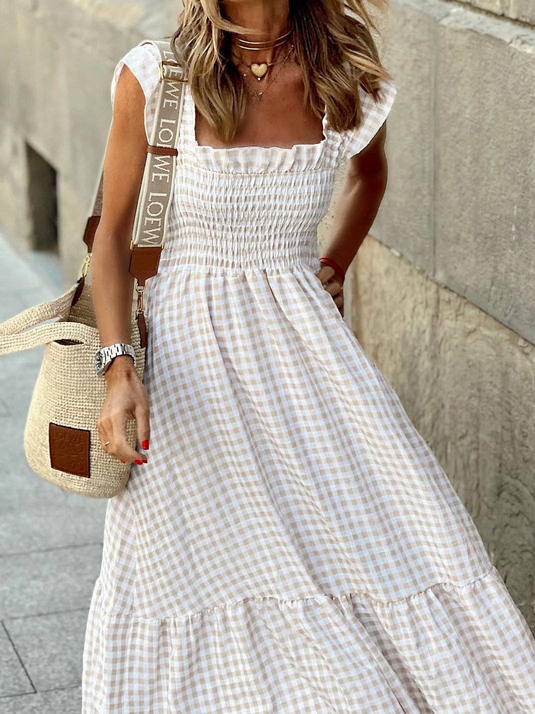 Aspen Gingham Smocked Maxi Dress - White