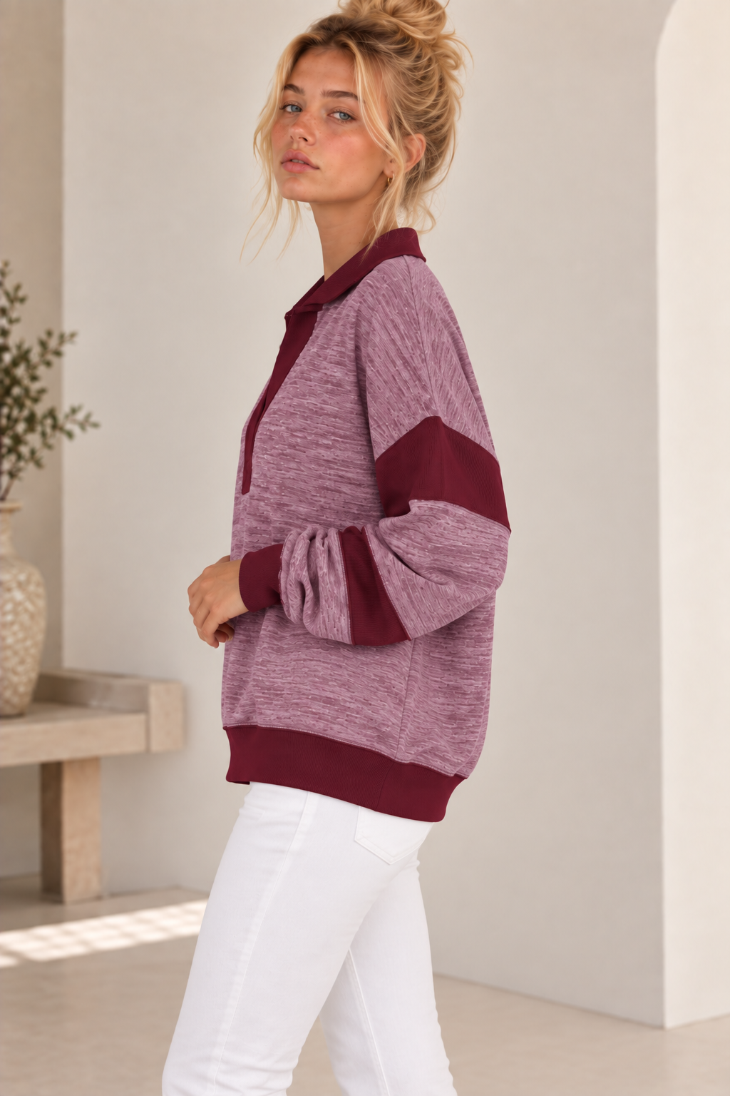 Harper Super Soft Heathered Fleece Contrast Polo - Burgundy