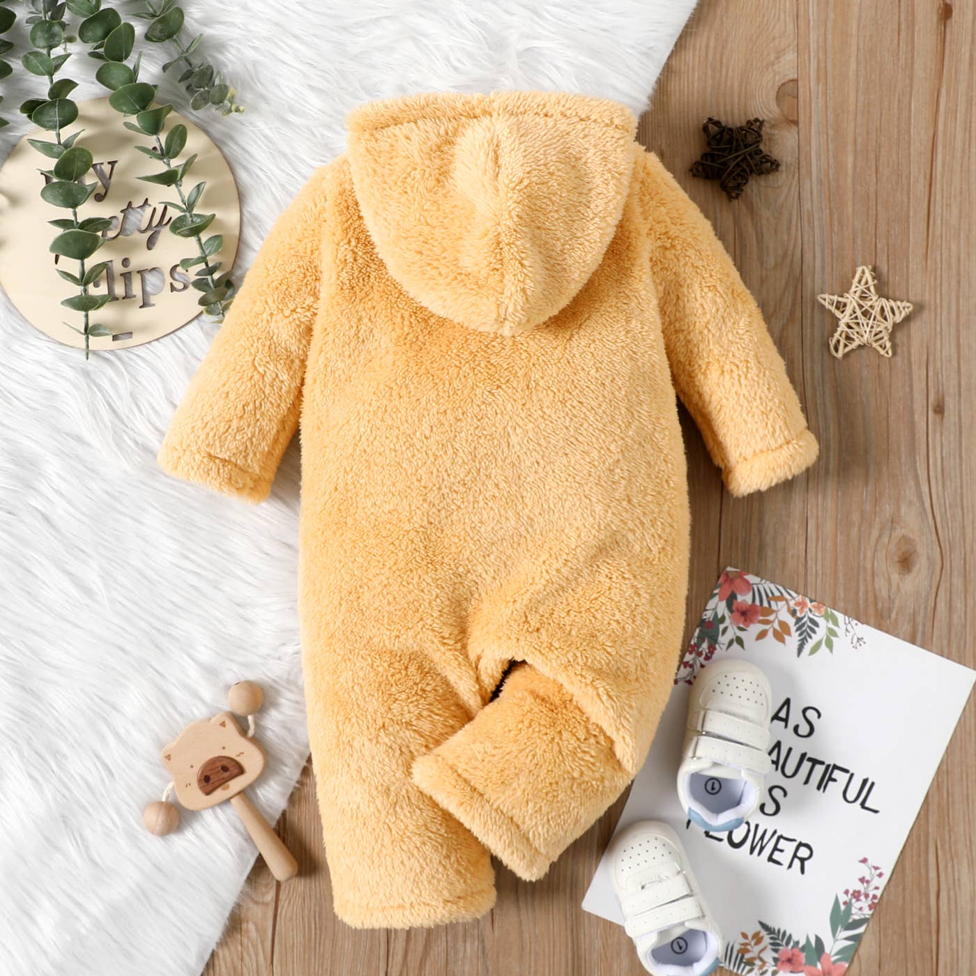 Baby Girl Solid Thickened Fuzzy Long-sleeve Hooded Jumpsuit: Brown / 6-9 Months