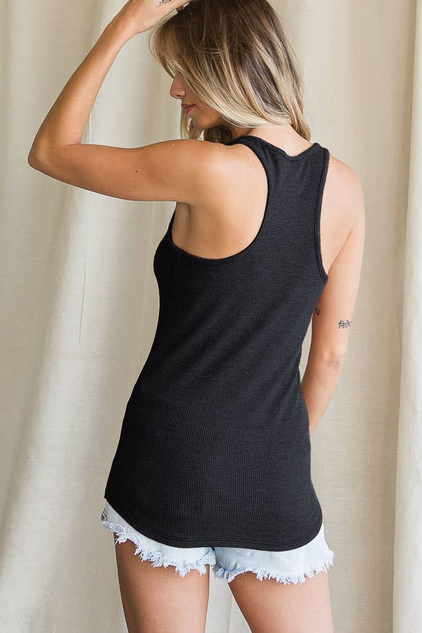 Liz Ribbed Henley Tank - Black