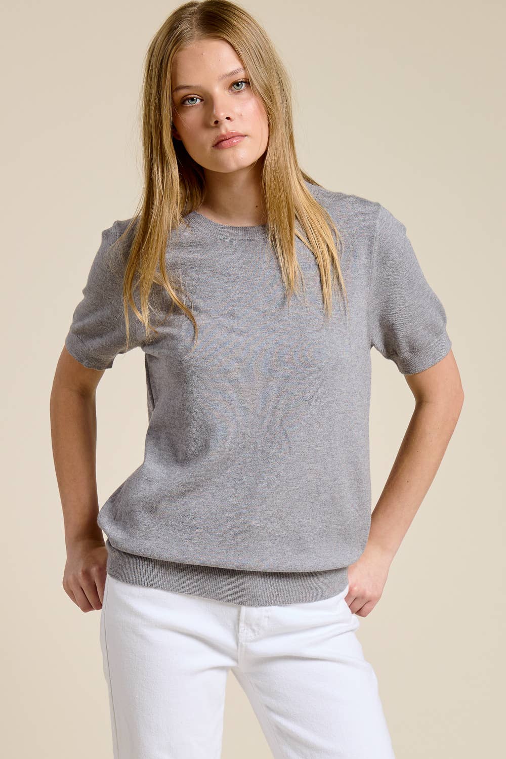 Jenna Short Sleeve Cashmere Blend Sweater - Heather Gray