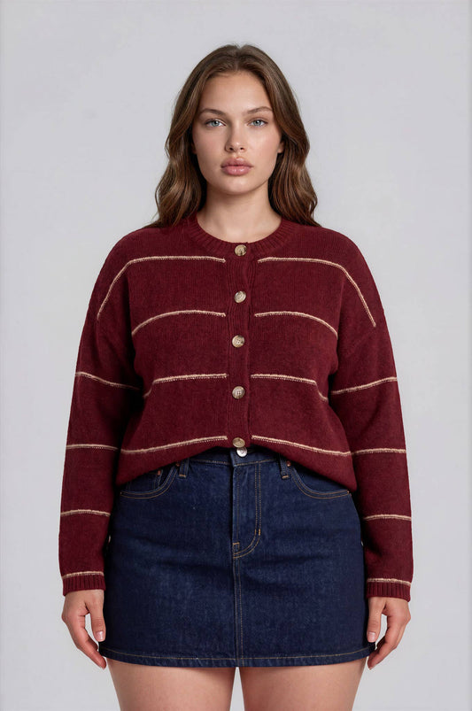 Plus Brynlee Striped Button Down Cardigan - Red Wood