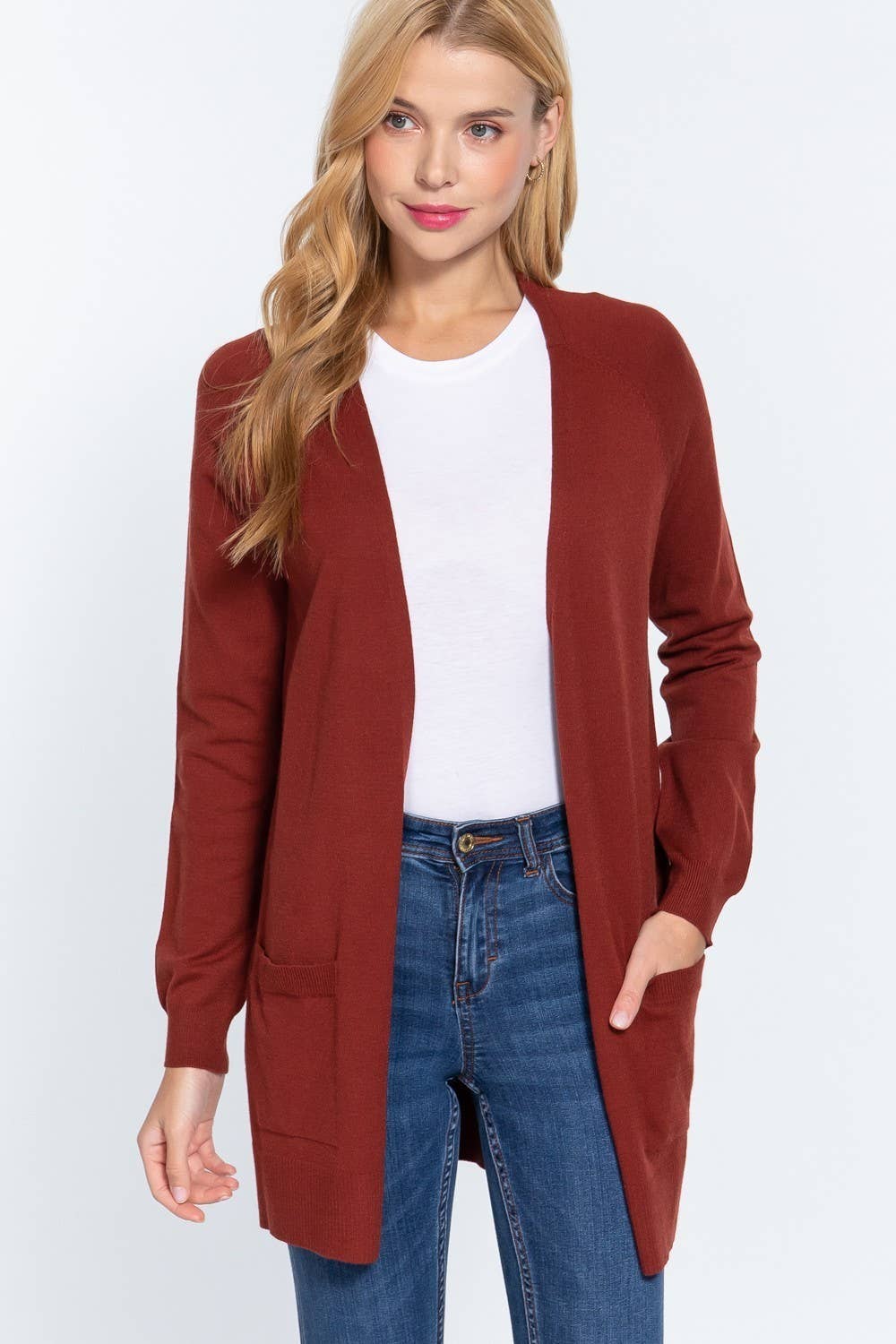 Long Raglan Sleeve with Pocket Open Sweater Cardigan: Brn-Cocoa Brown / L