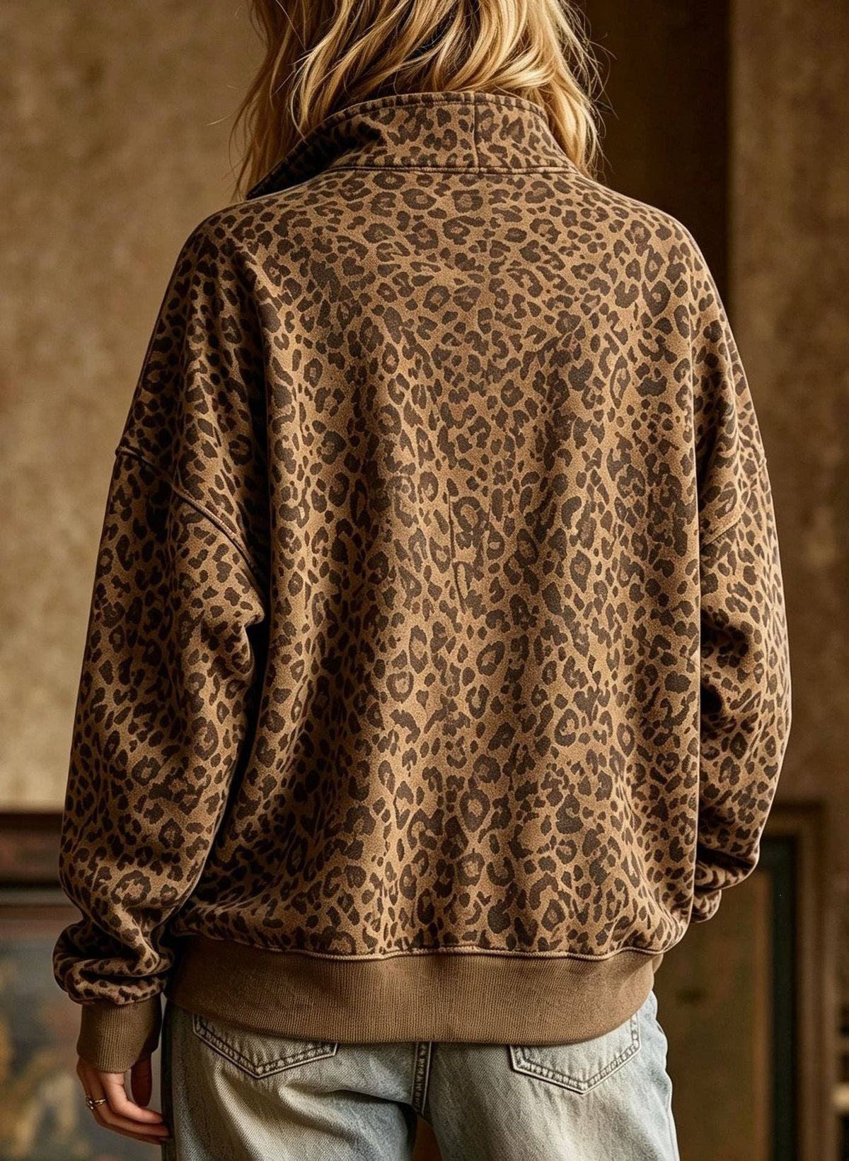 Leopard Print Half Zip Oversized Pullover Sweatshirt: Coffee / 95%Polyester 5%Elastane / L