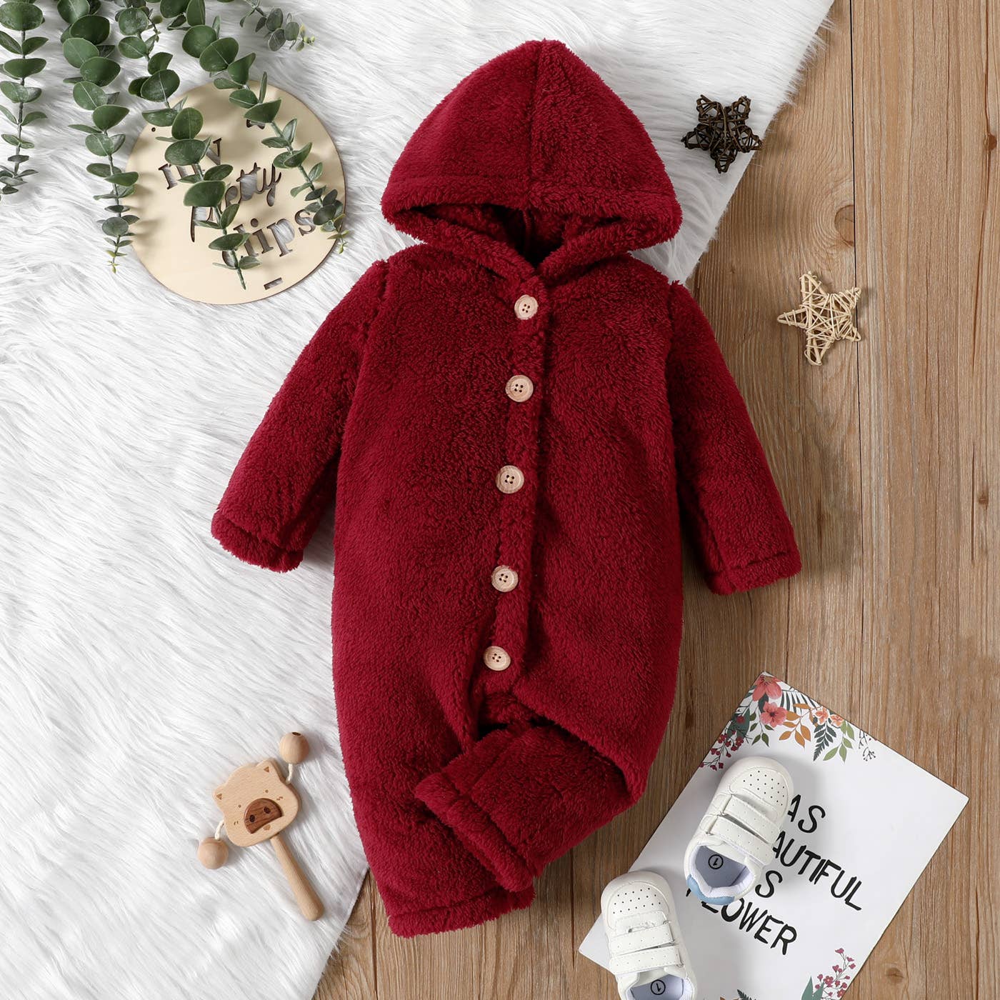 Baby Girl Solid Thickened Fuzzy Long-sleeve Hooded Jumpsuit: Apricot / 3-6 Months