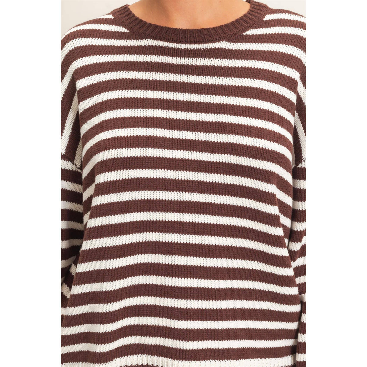 Striped Crew Neck Sweater - Dark Brown