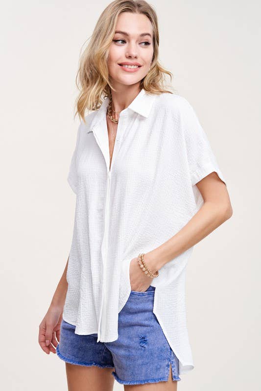 Alexis Button Down Textured Fabric Top: White