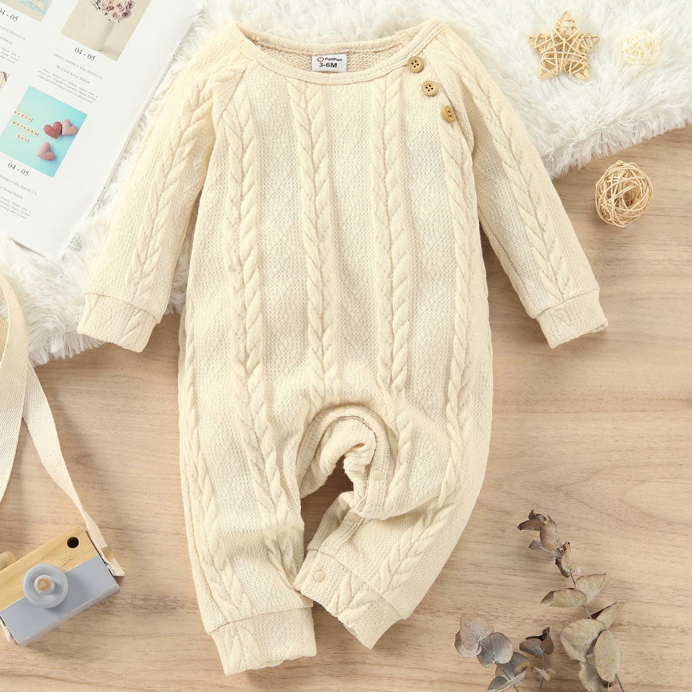 Baby Boy Solid Cable Knit Long-sleeve Jumpsuit: Brown / 6-9 Months