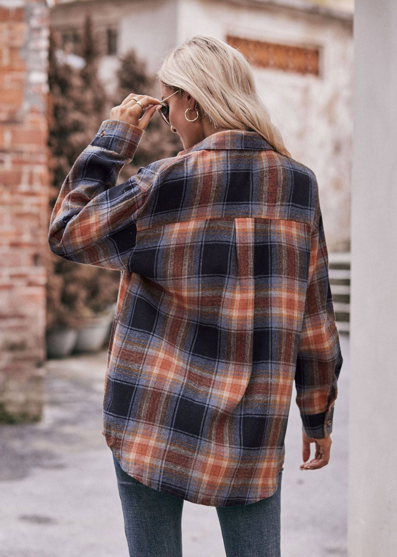 Women's Casual Fashion Oversized Loose Plaid Shirt: Caramel / 100%Polyester / XL