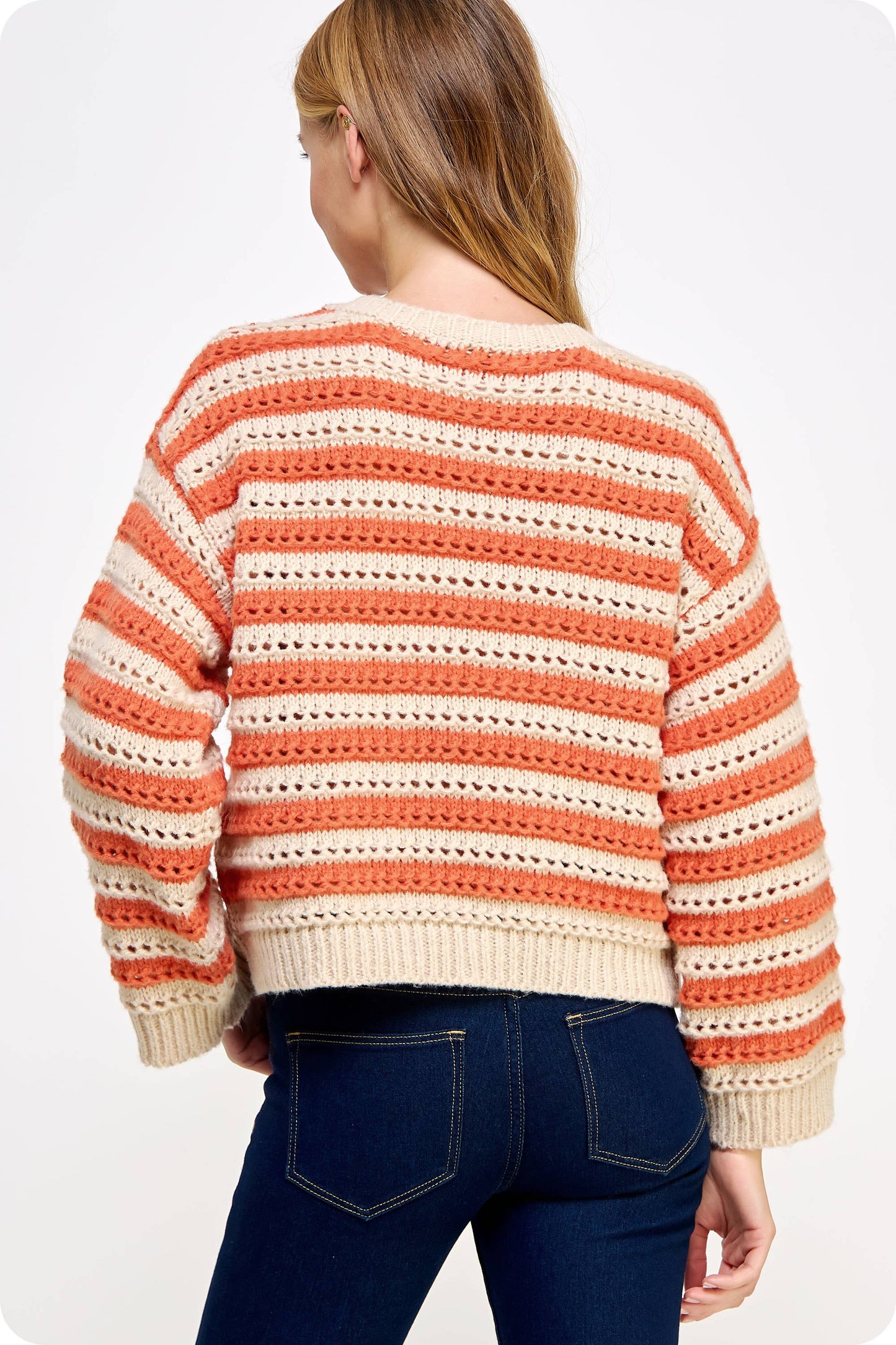 Sadie Striped Pointelle Knit Sweater - Orange/Taupe