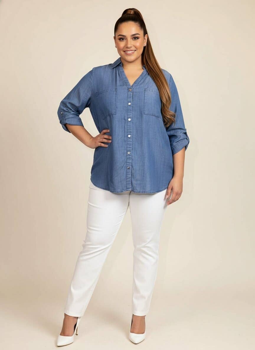 Plus Carrie Collared Shirt With Tab Sleeves - Light Washed