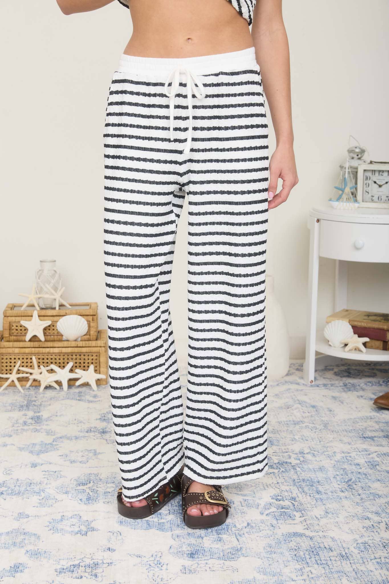 Textured Striped Wide Leg Lounge Pants - Black/White