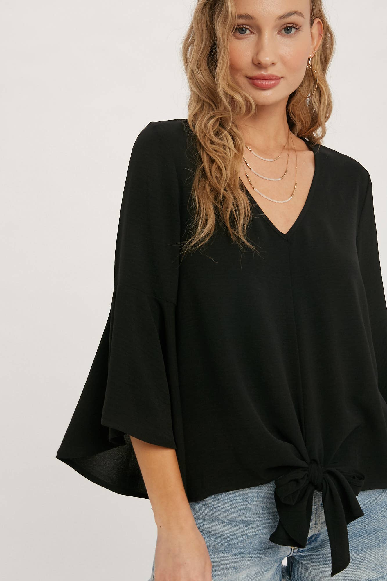 Alaina Front Tie Bell Sleeve Blouse - Black