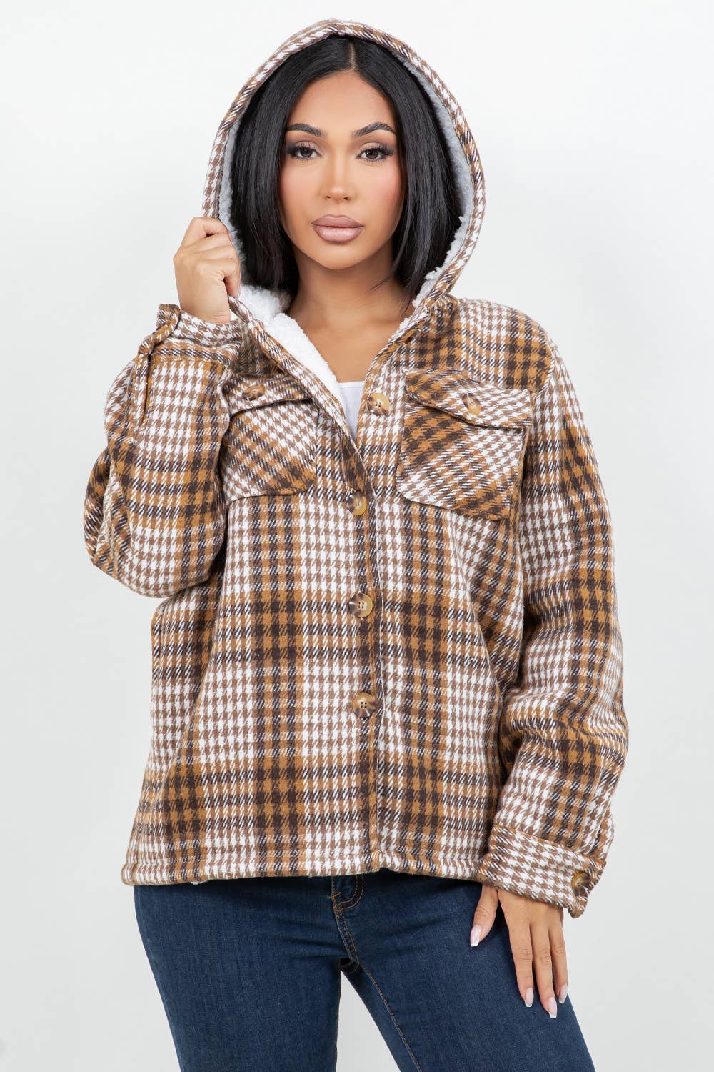 Nicole Plaid Hooded Flannel Shacket With Faux Fur Lining