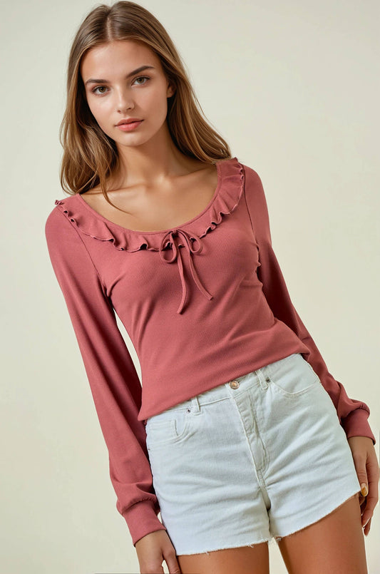 Rayna Ruffle Detail Top - Marsala