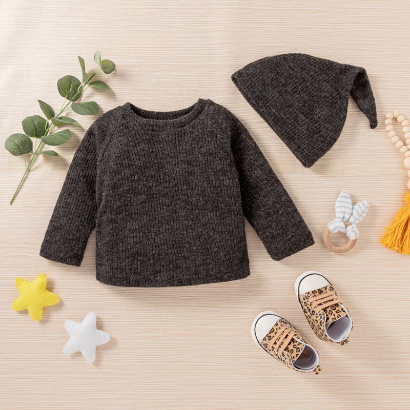 Baby BoyGirl 3pcs Solid Ribbed Long-sleeve and Trouser Set: Army green / 3-6 Months