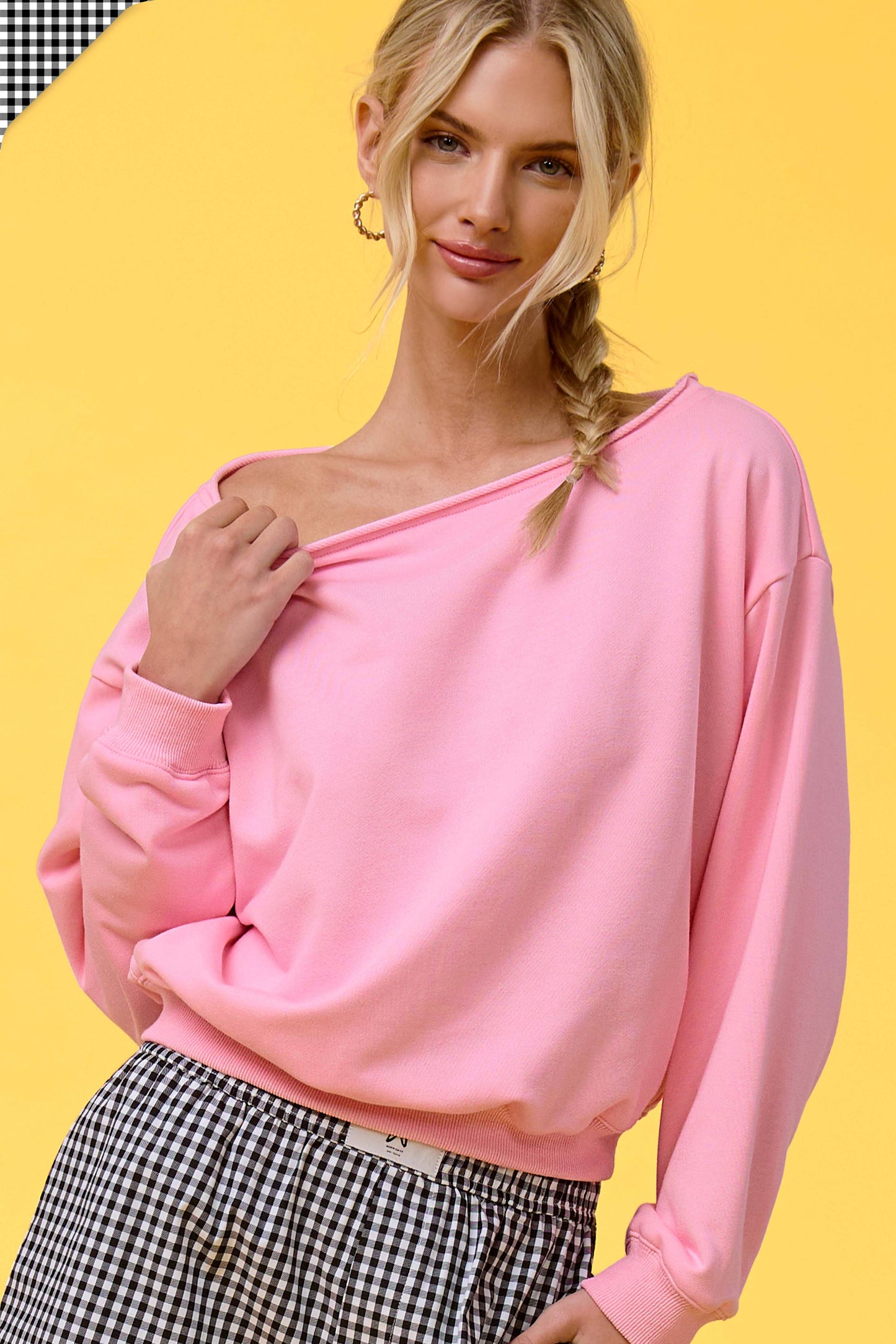 Kylee Raw Edge Boat Neck Sweatshirt: Strawberry Milk