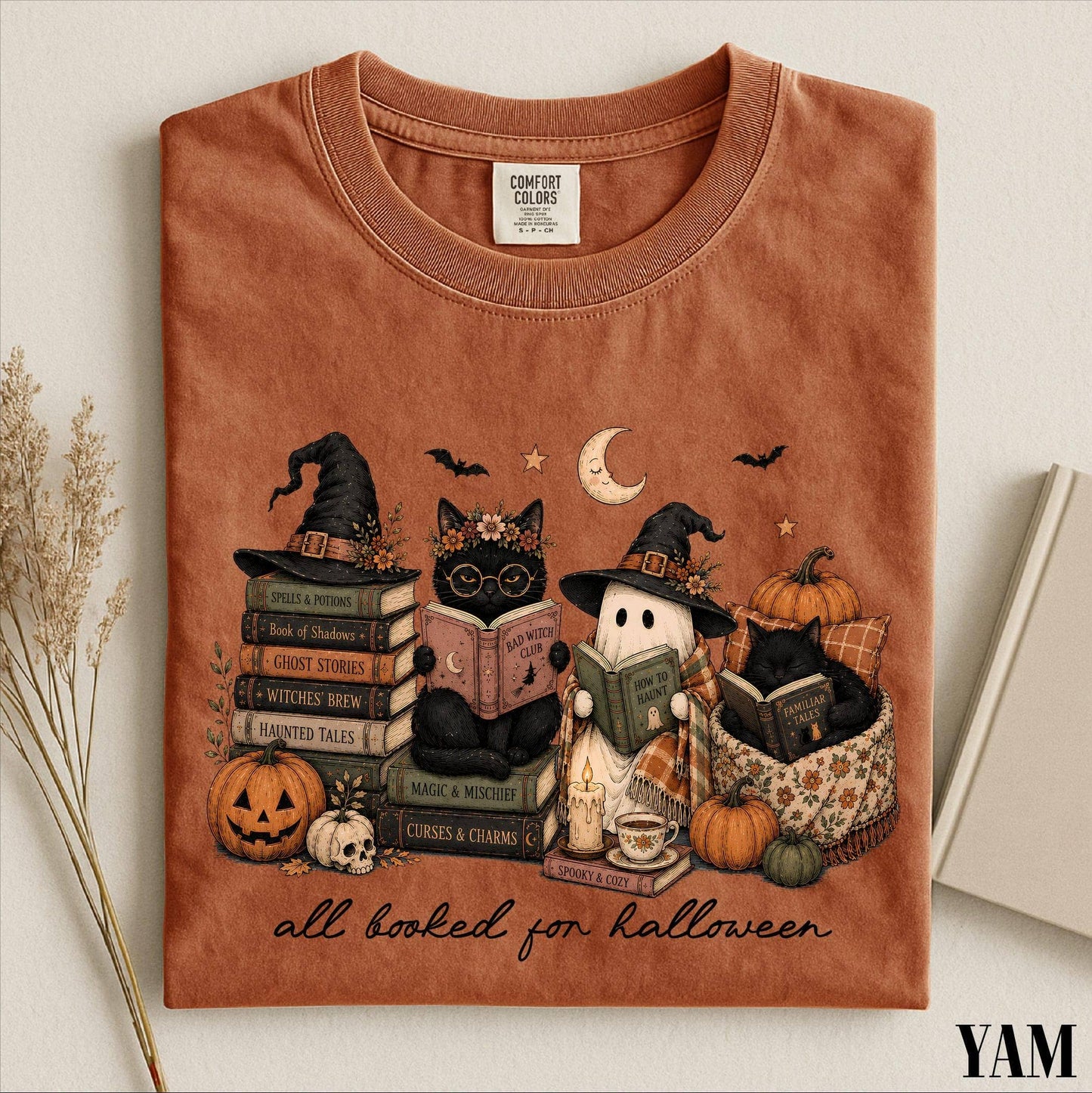 All Booked For Halloween Shirt, Funny Pumpkin Owl Book Shirt: Yam / XL