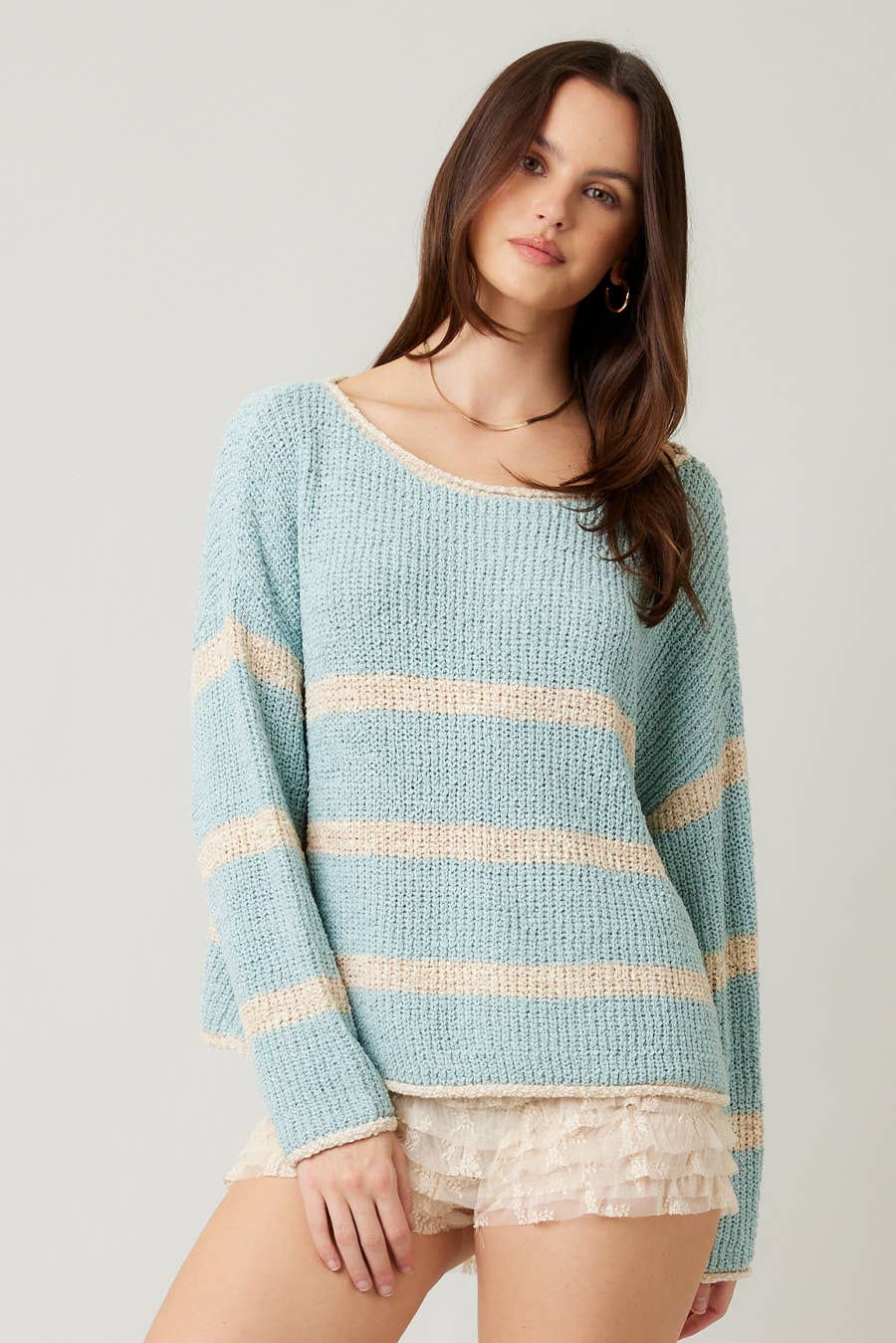 Lyla Lightweight Round Neck Sweater: Mint Oatmeal
