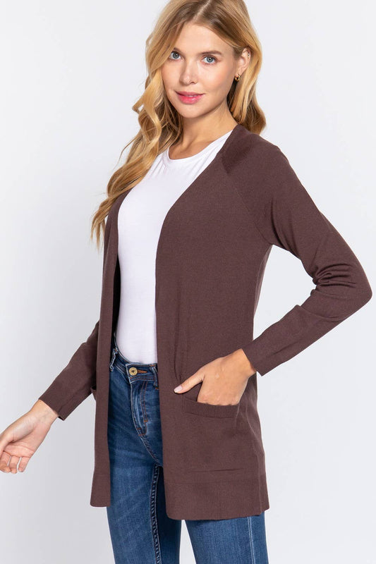 Long Raglan Sleeve with Pocket Open Sweater Cardiga - Cocoa Brown
