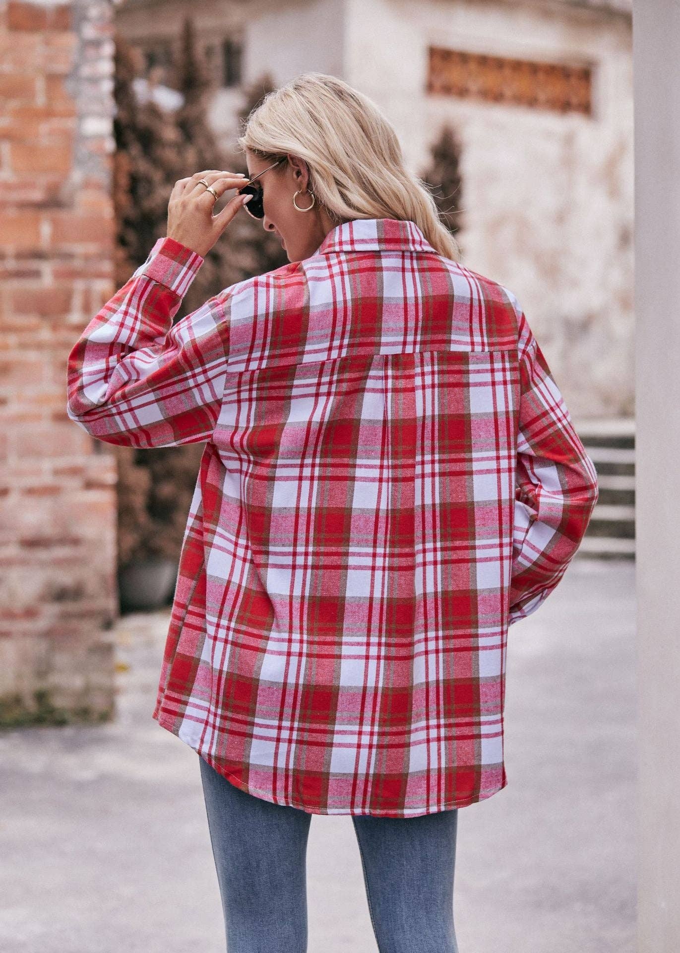 Women's Casual Fashion Oversized Loose Plaid Shirt: Caramel / 100%Polyester / XL