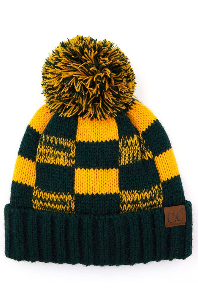 C.C Buffalo Check Team Color Beanie with Pom Winter Beanie: Maroon/Gold