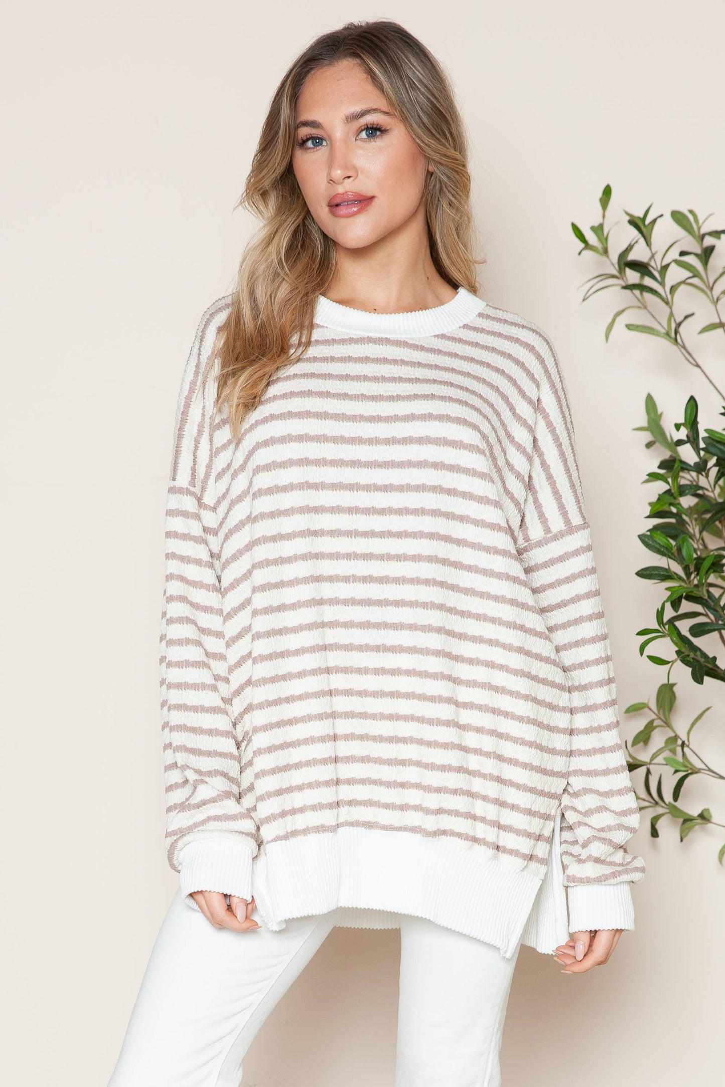 Avery Cotton Stripe Tunic With Side Slits - Taupe