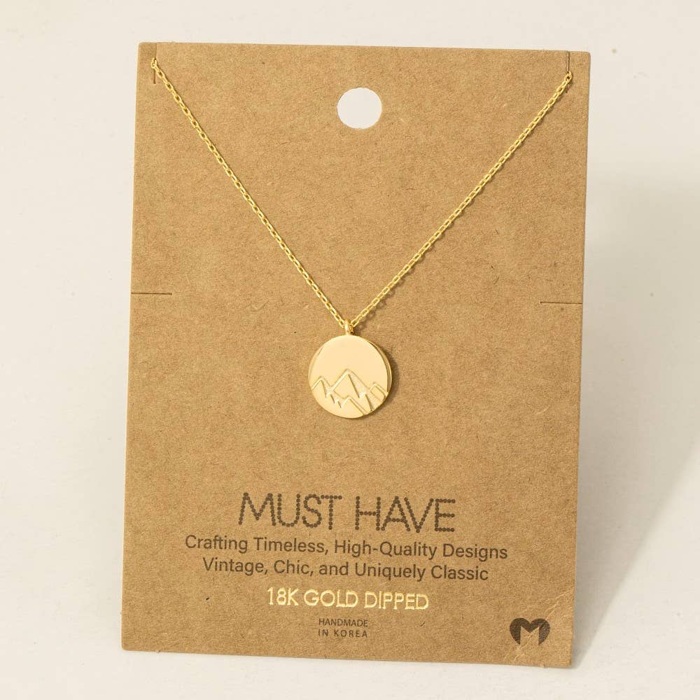 Gold Dipped Etched Mountain Coin Pendant Necklace: G