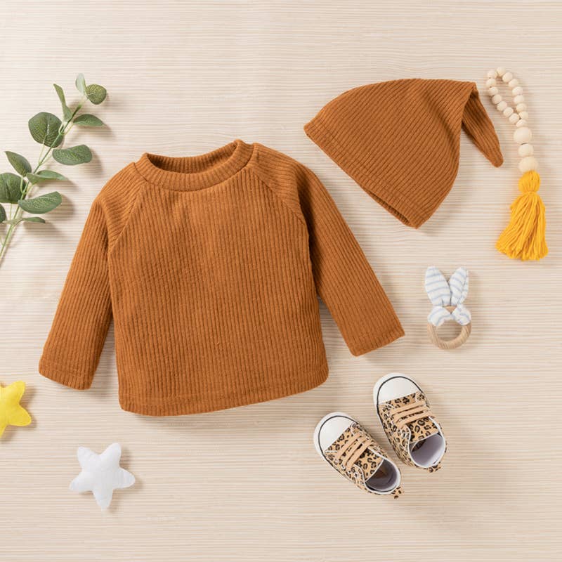 Baby BoyGirl 3pcs Solid Ribbed Long-sleeve and Trouser Set: Army green / 3-6 Months