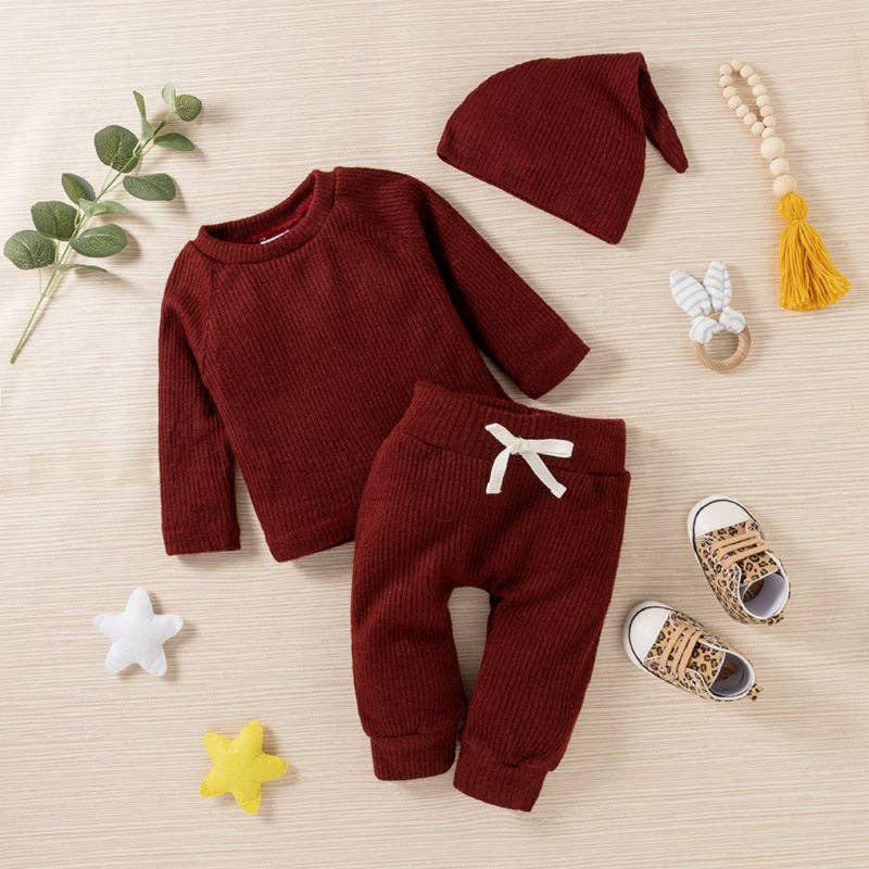Baby BoyGirl 3pcs Solid Ribbed Long-sleeve and Trouser Set: Burgundy / 9-12 Months
