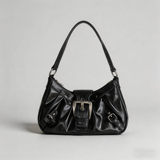 Vintage Washed Leather Shoulder Bag: Black