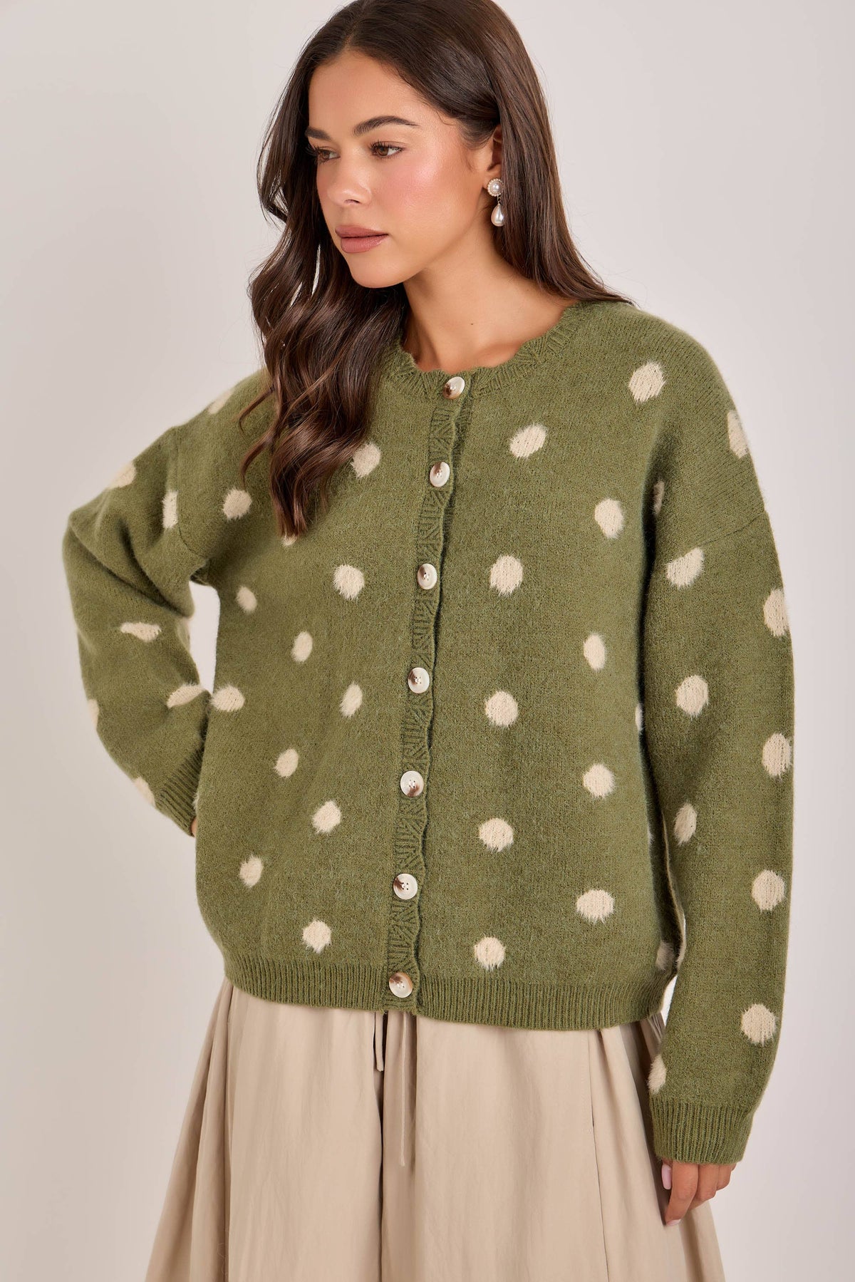 Chelsea Soft Polka Dot Sweater Cardigan: Olive/Oatmeal