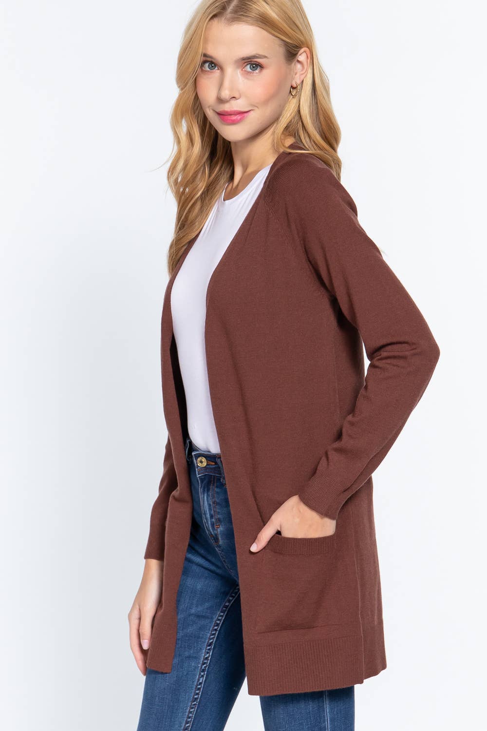 Long Raglan Sleeve with Pocket Open Sweater Cardigan: Brn-Cocoa Brown / L