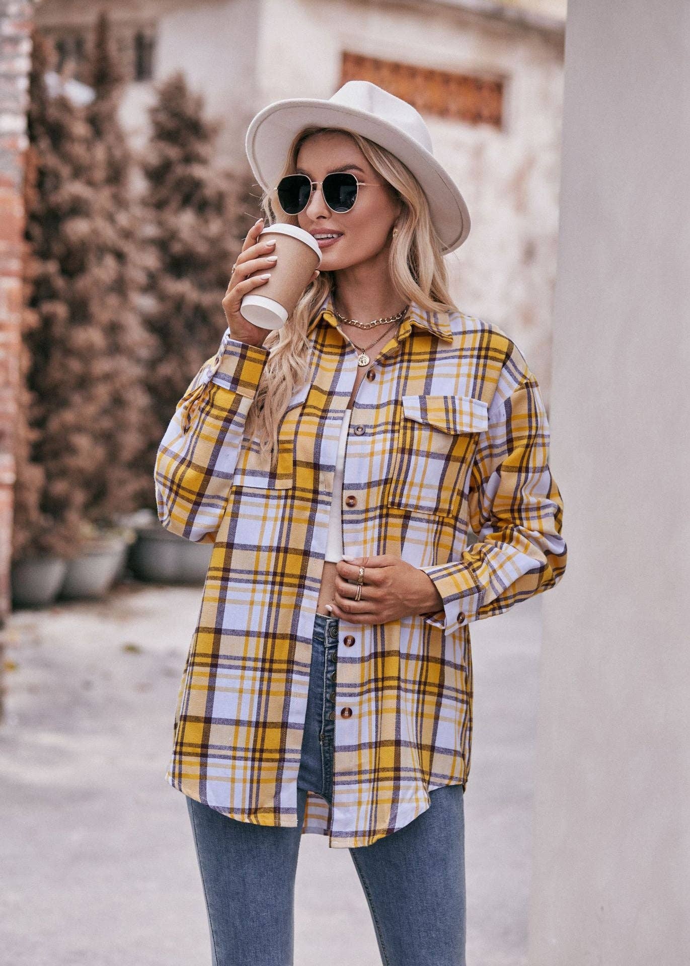 Women's Casual Fashion Oversized Loose Plaid Shirt: Caramel / 100%Polyester / XL