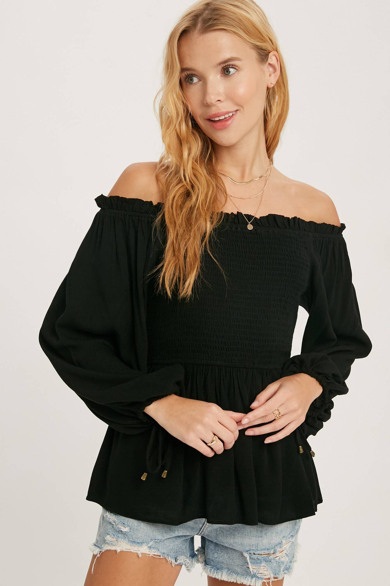 Ansley SMOCKED PEPLUM BLOUSE: BLACK / S