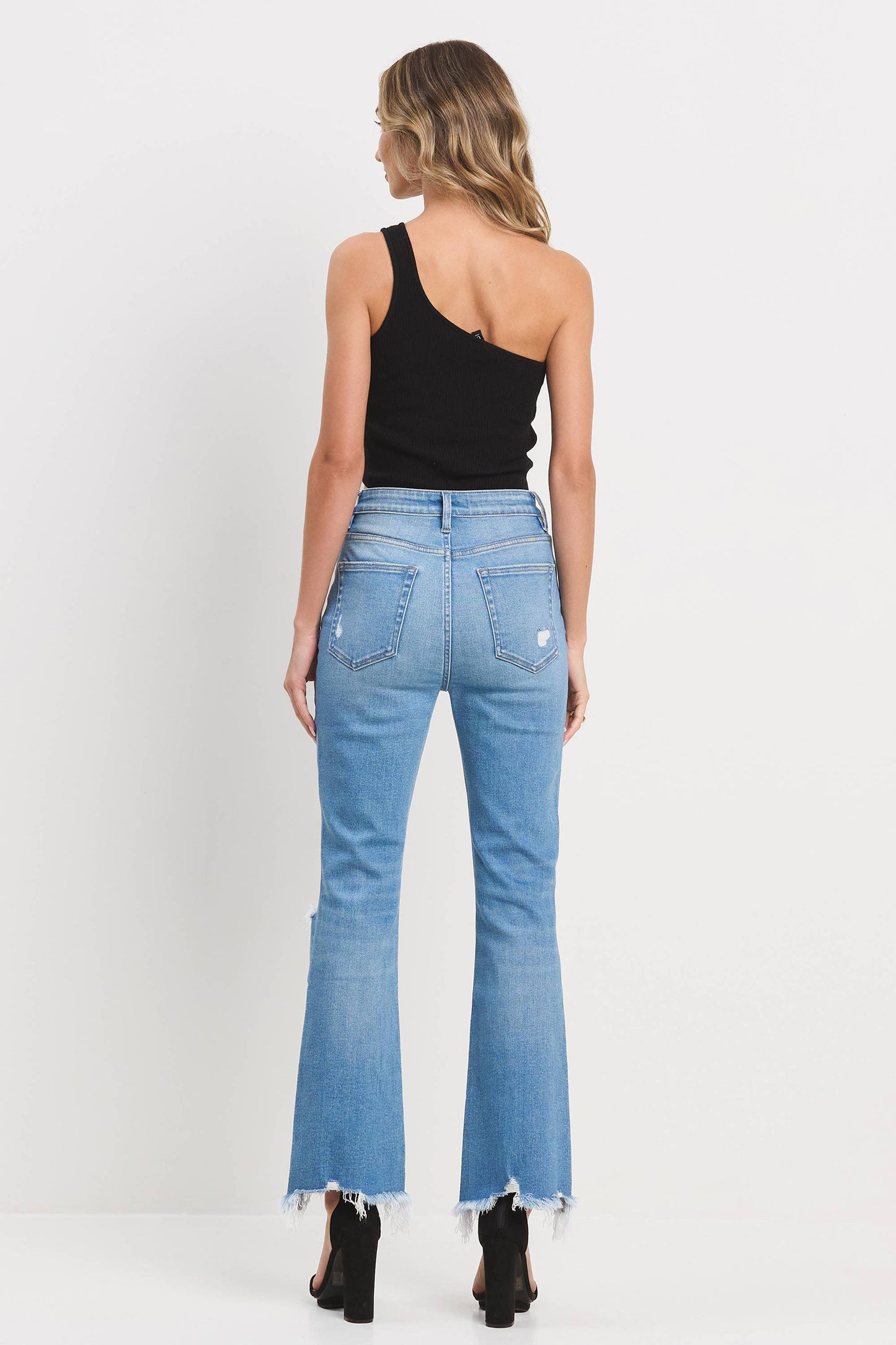 Jelly Brand High Rise Crop Flare with Knee Distress