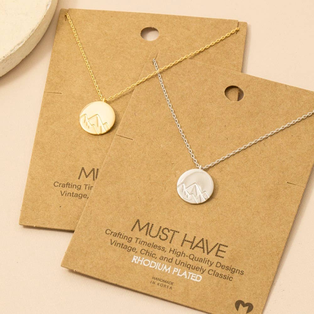 Gold Dipped Etched Mountain Coin Pendant Necklace: G