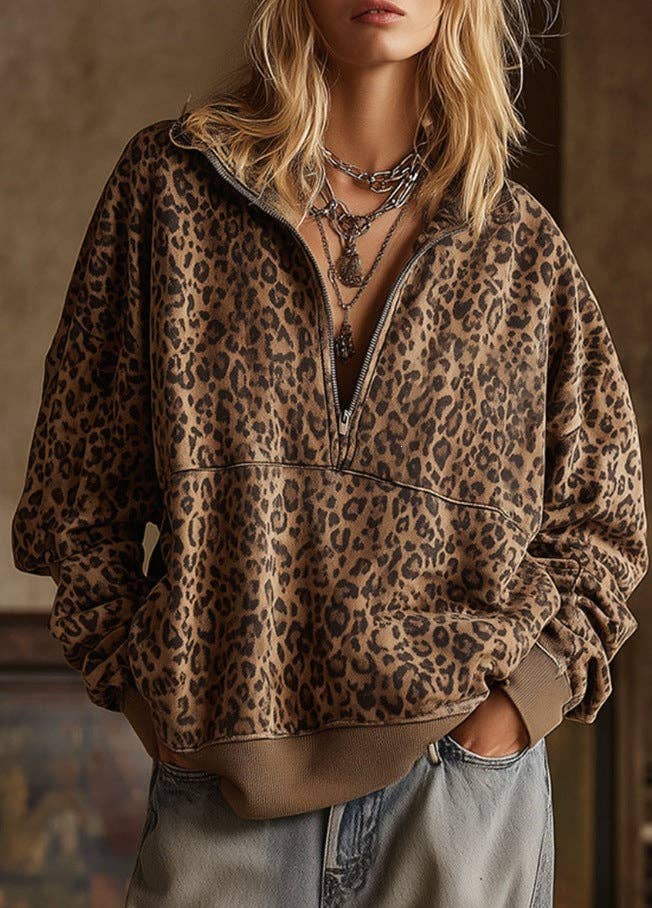 Leopard Print Half Zip Oversized Pullover Sweatshirt: Coffee / 95%Polyester 5%Elastane / L