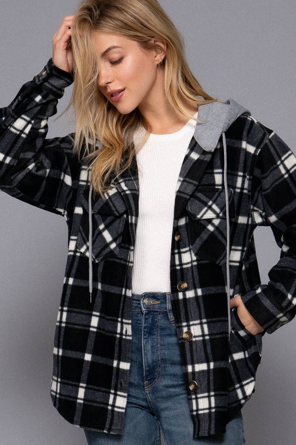 Marley Fleece Plaid Button Down W/Hood