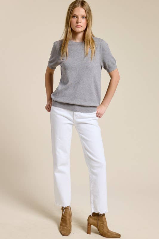 Jenna Short Sleeve Cashmere Blend Sweater - Heather Gray
