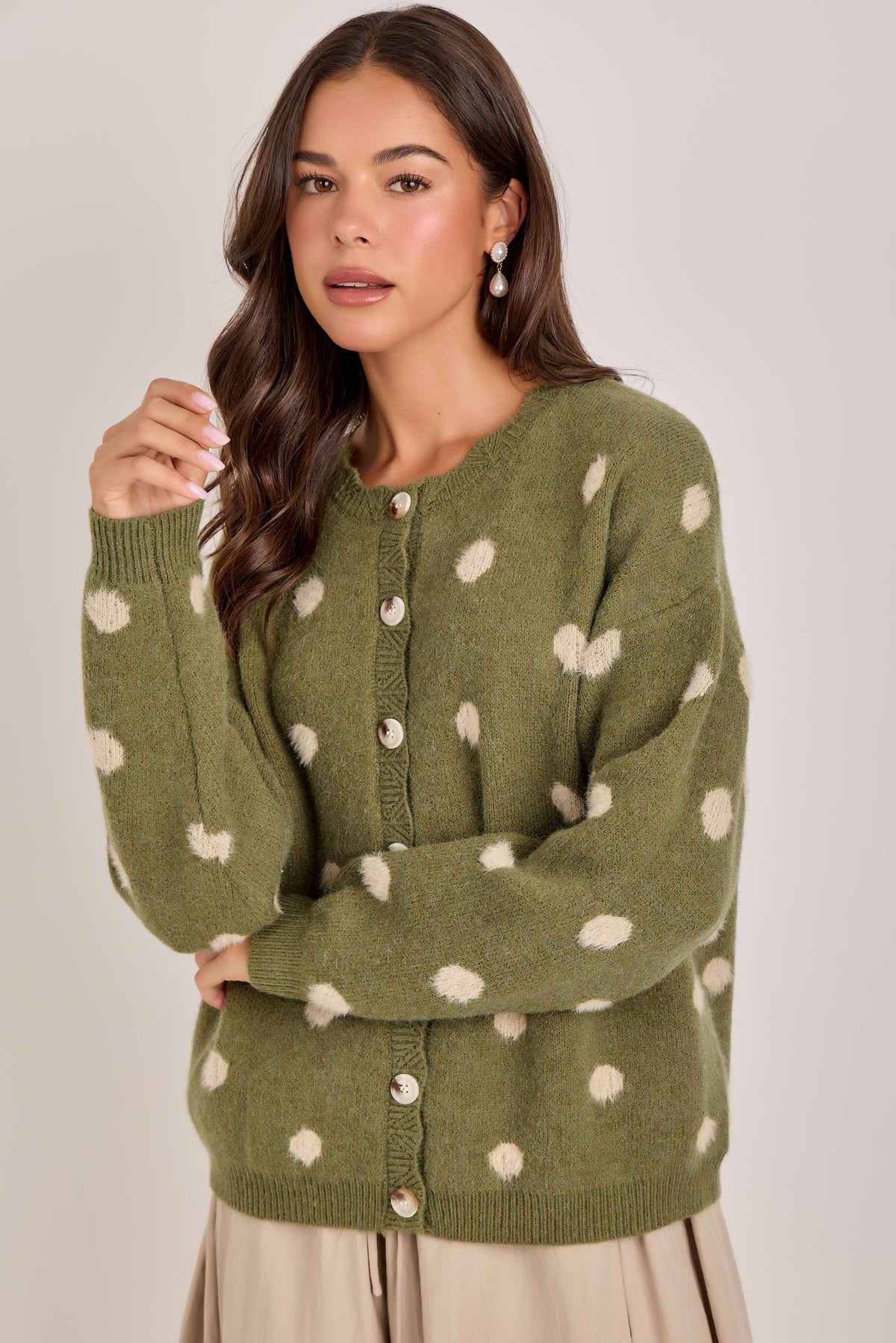Chelsea Soft Polka Dot Sweater Cardigan: Olive/Oatmeal