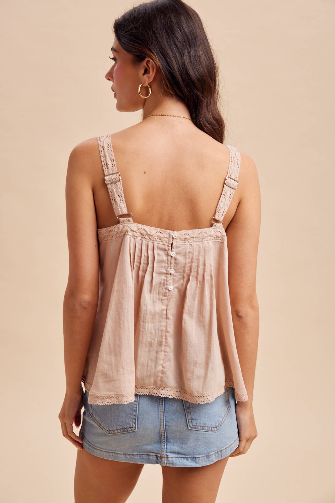Kennedi Pintuck Lace Tank - Linen