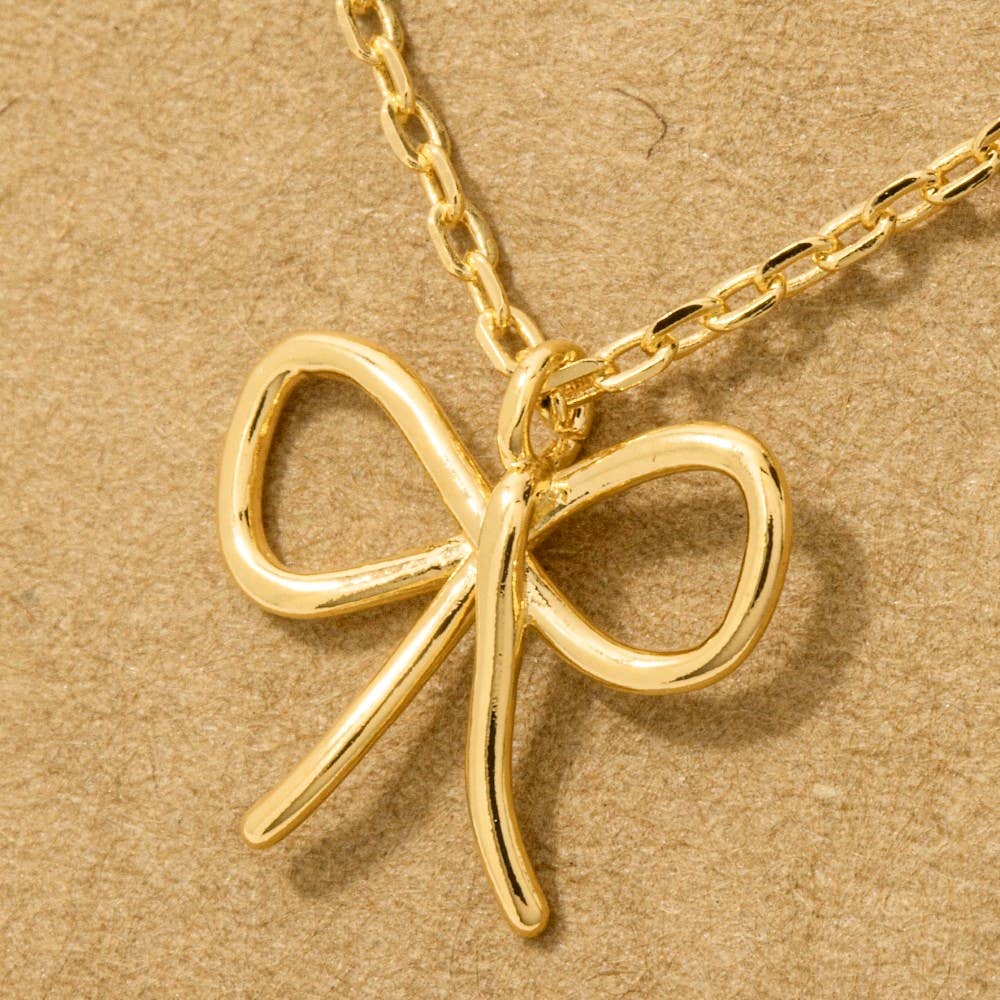 Gold Dipped Wire Ribbon Bow Pendant Necklace: G