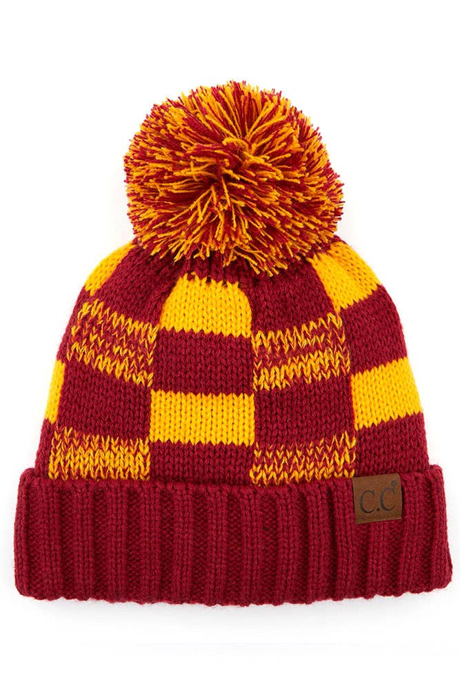 C.C Buffalo Check Team Color Beanie with Pom Winter Beanie: Maroon/Gold
