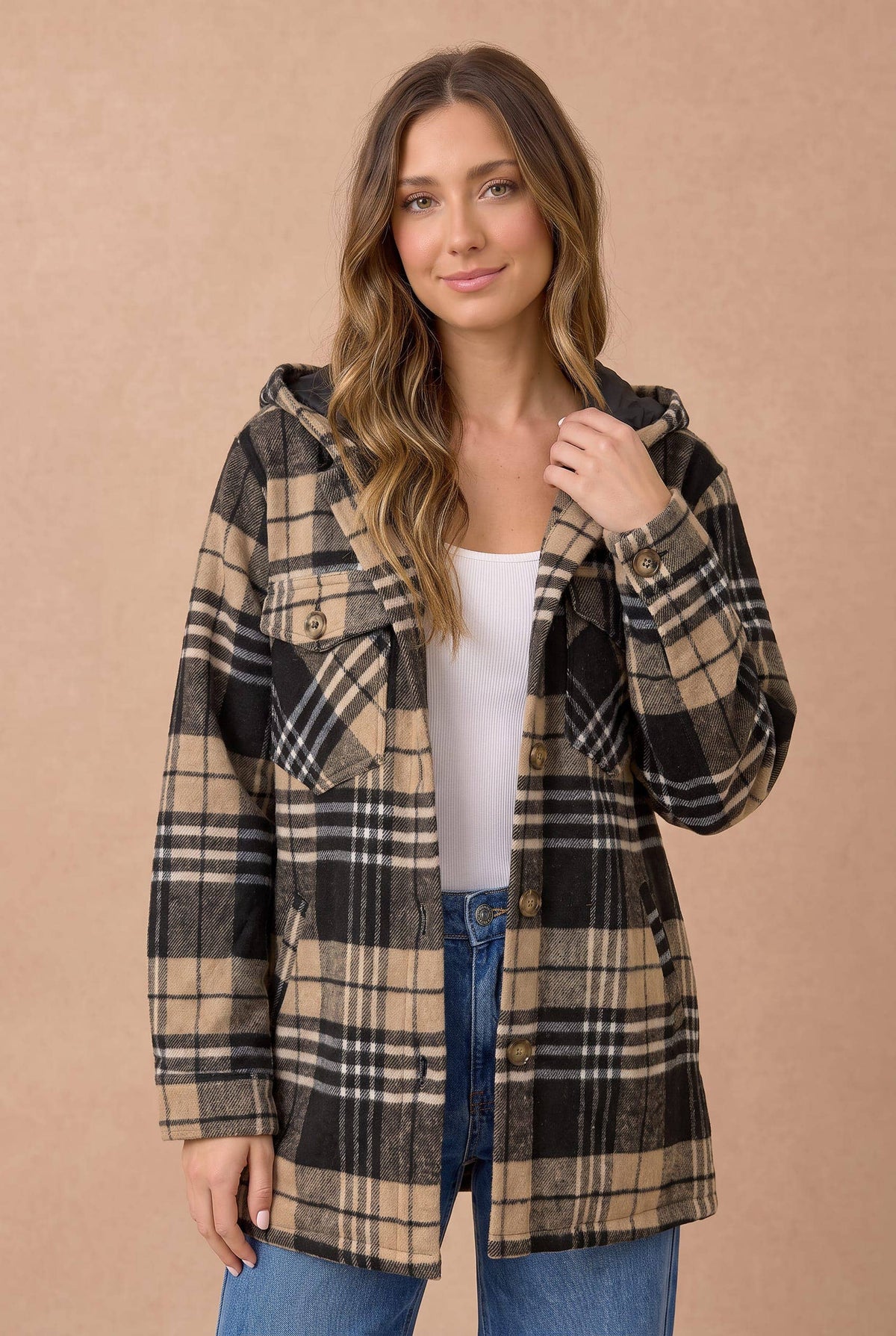 Shay Long Sleeve Plaid Button Up Hooded Jacket