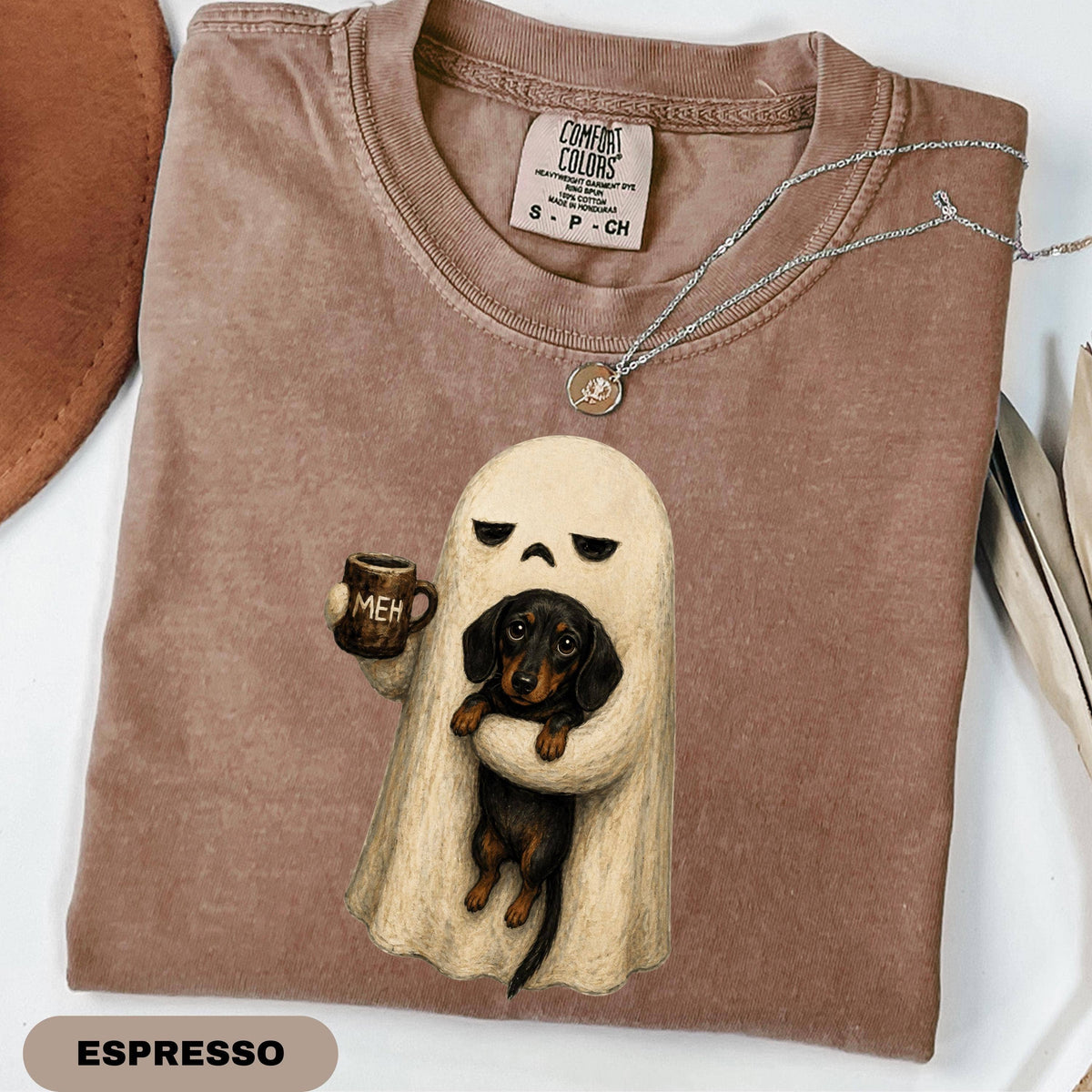 Ghost Dog Dachshund Shirt, Spooky Black Cat Graphic Tee: Yam / M