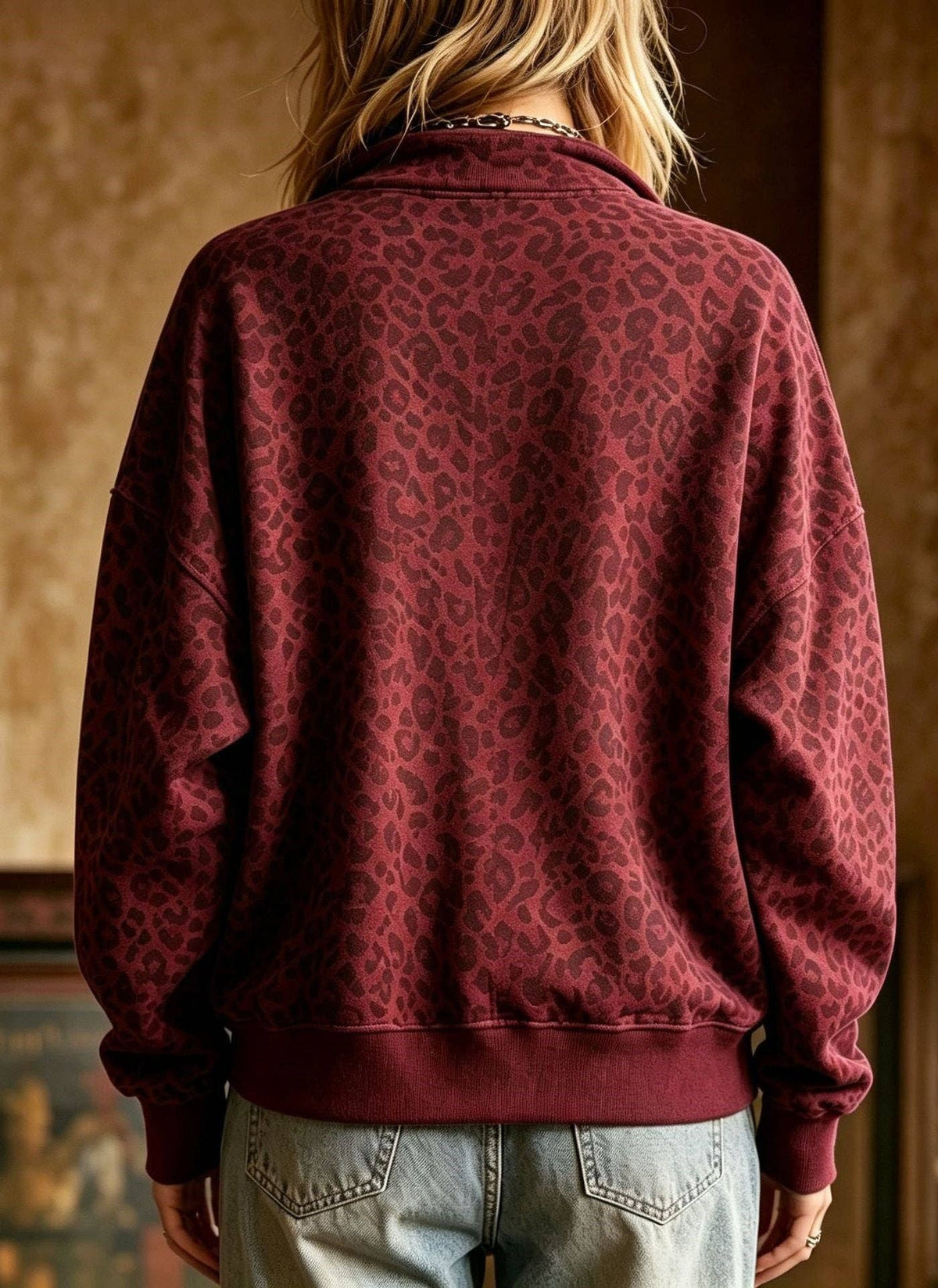 Leopard Print Half Zip Oversized Pullover Sweatshirt: Coffee / 95%Polyester 5%Elastane / L